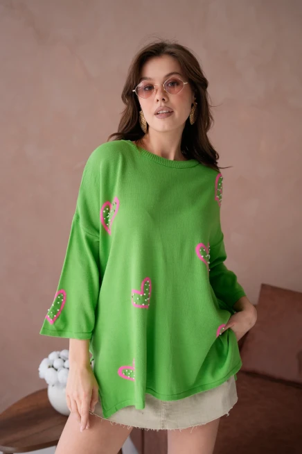 Kadın Taş İşlemeli Salaş Triko Kazak