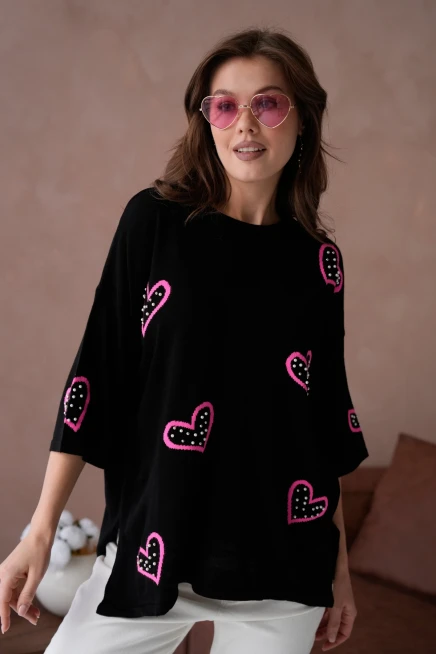 Kadın Taş İşlemeli Salaş Triko Kazak