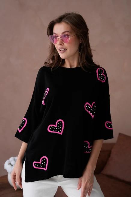 Kadın Taş İşlemeli Salaş Triko Kazak