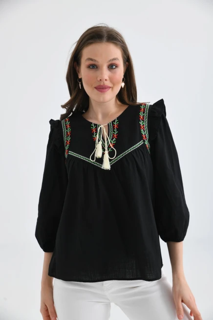 Kadın Uzun Kol Bağlama Detay Nakışlı Salaş Bluz