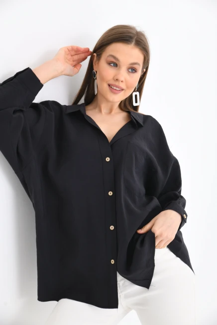 Kadın Uzun Kollu Oversize %100 Pamuk Basic Gömlek