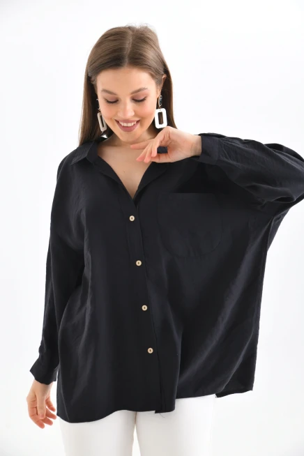 Kadın Uzun Kollu Oversize %100 Pamuk Basic Gömlek