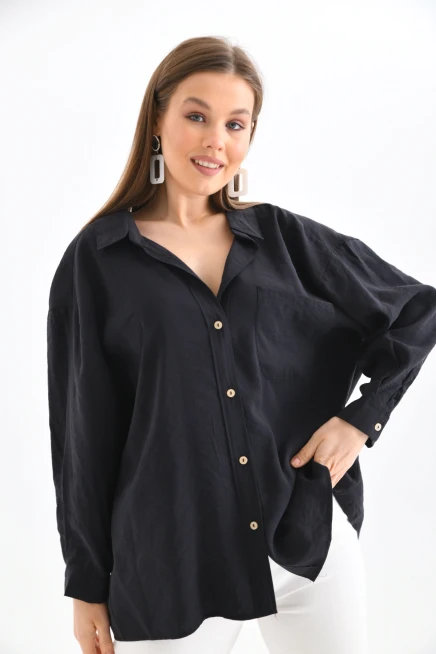 Kadın Uzun Kollu Oversize %100 Pamuk Basic Gömlek