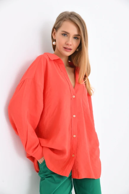 Kadın Uzun Kollu Oversize %100 Pamuk Basic Gömlek