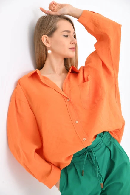 Kadın Uzun Kollu Oversize %100 Pamuk Basic Gömlek