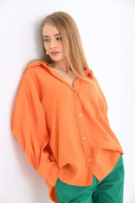 Kadın Uzun Kollu Oversize %100 Pamuk Basic Gömlek