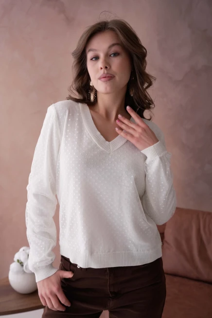 Kadın V Yaka Tül Detay Uzun Kol Triko Kazak