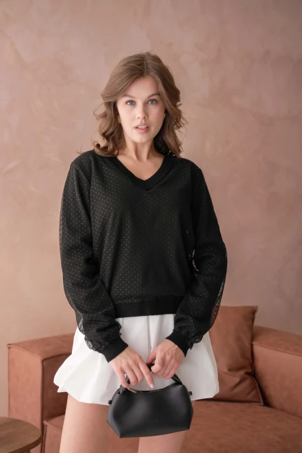 Kadın V Yaka Tül Detay Uzun Kol Triko Kazak