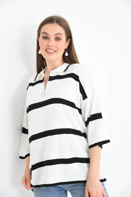 Polo Yaka Fermuarlı Çizgili Salaş Mevsimlik Trko Kazak