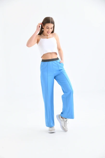 Beli Lastikli Geniş Paça Mavi Pantolon