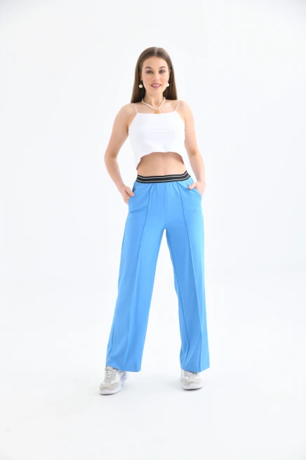 Beli Lastikli Geniş Paça Mavi Pantolon