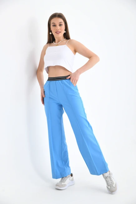 Beli Lastikli Geniş Paça Mavi Pantolon
