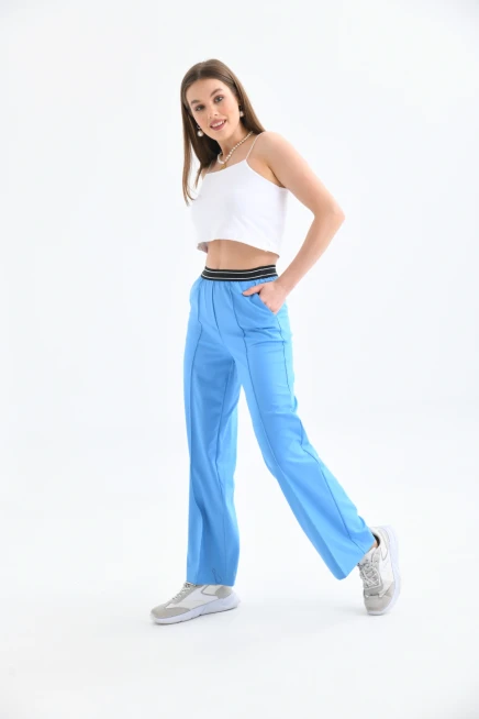 Beli Lastikli Geniş Paça Mavi Pantolon
