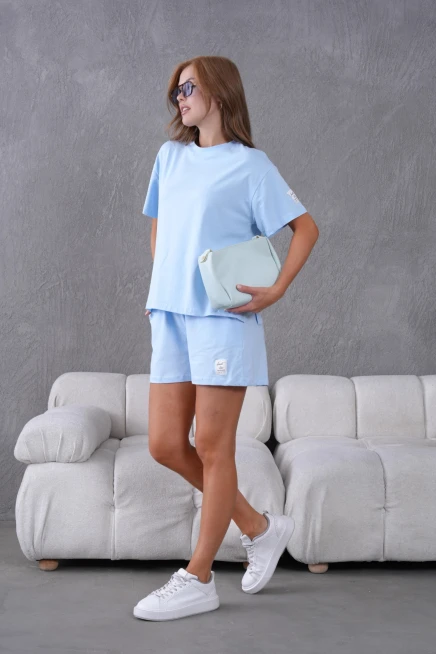 Bisiklet Yaka Kısa Kol Üst Bel Bağcıklı Lastikli Şort Basic Örme İkili Takım