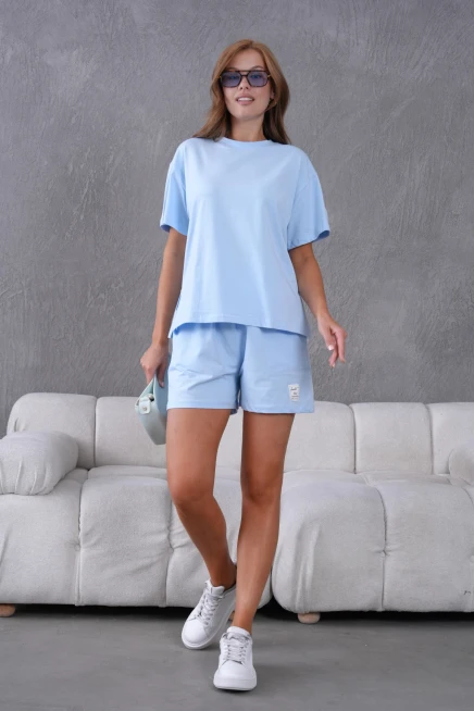 Bisiklet Yaka Kısa Kol Üst Bel Bağcıklı Lastikli Şort Basic Örme İkili Takım