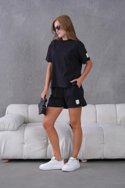 Bisiklet Yaka Kısa Kol Üst Bel Bağcıklı Lastikli Şort Basic Örme İkili Takım