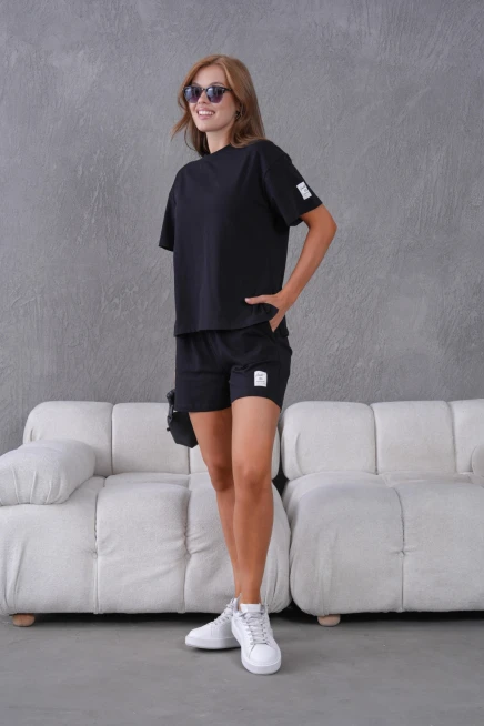 Bisiklet Yaka Kısa Kol Üst Bel Bağcıklı Lastikli Şort Basic Örme İkili Takım