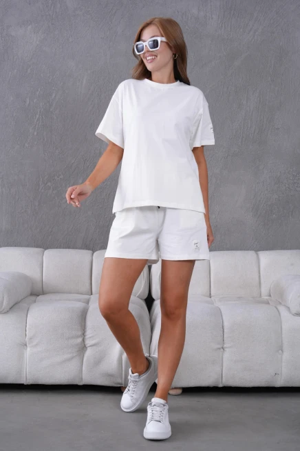 Bisiklet Yaka Kısa Kol Üst Bel Bağcıklı Lastikli Şort Basic Örme İkili Takım