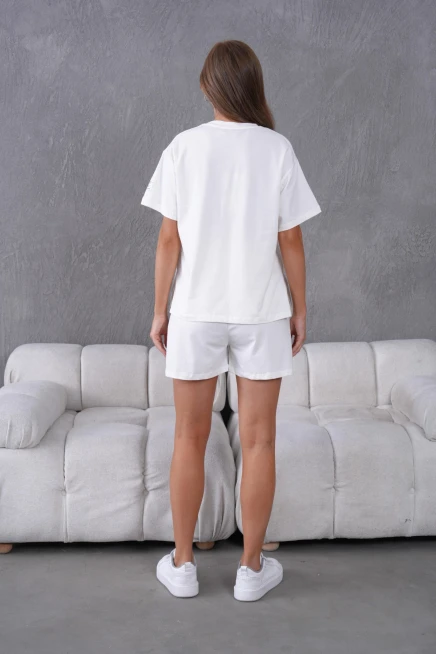 Bisiklet Yaka Kısa Kol Üst Bel Bağcıklı Lastikli Şort Basic Örme İkili Takım