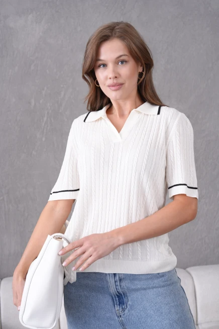 Polo Yaka Saç Örgü Kısa Kol Triko Kazak