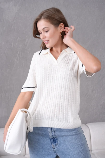 Polo Yaka Saç Örgü Kısa Kol Triko Kazak