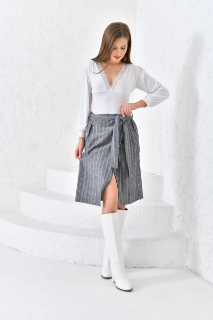 Kadın Antrasit Kuşaklı Anvelop Keten Etek