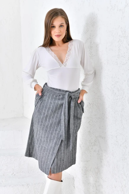 Kadın Antrasit Kuşaklı Anvelop Keten Etek