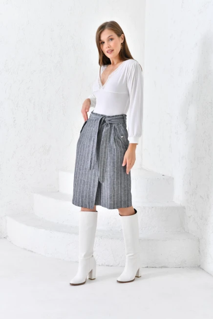 Kadın Antrasit Kuşaklı Anvelop Keten Etek