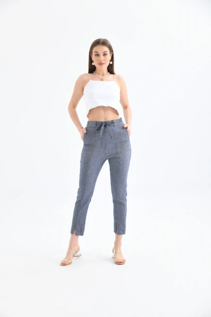 Kadın Bel Bağcıklı Paça Detay Keten Pantolon