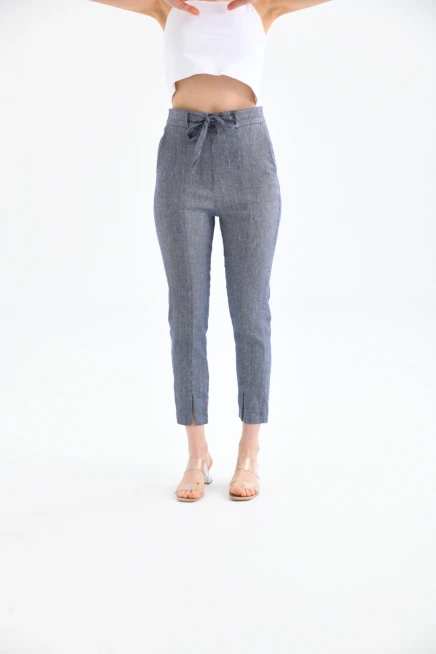 Kadın Bel Bağcıklı Paça Detay Keten Pantolon