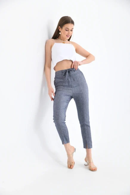 Kadın Bel Bağcıklı Paça Detay Keten Pantolon