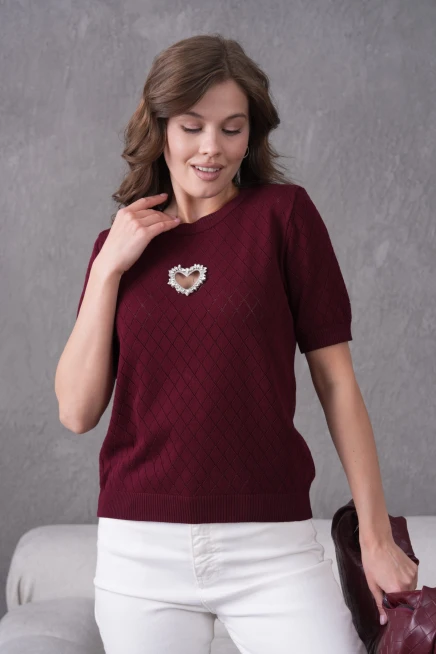 Taş Aksesuar Detaylı Kısa Kol Triko Kazak