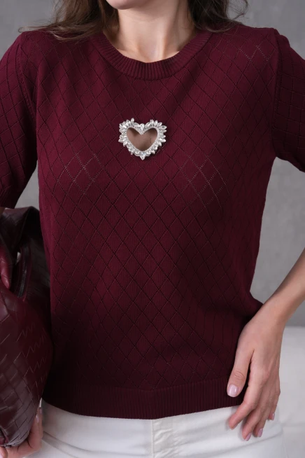 Taş Aksesuar Detaylı Kısa Kol Triko Kazak