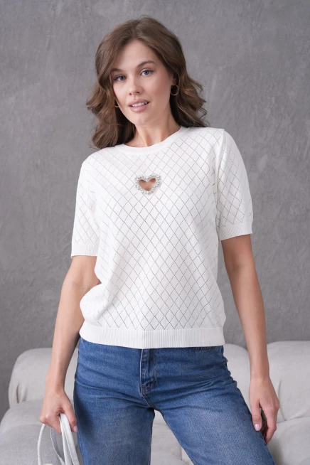 Taş Aksesuar Detaylı Kısa Kol Triko Kazak