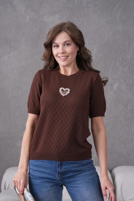 Taş Aksesuar Detaylı Kısa Kol Triko Kazak