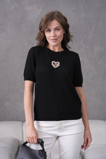 Taş Aksesuar Detaylı Kısa Kol Triko Kazak