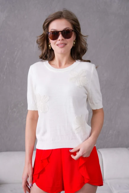 Aplikeli Kısa Kol Triko Kazak