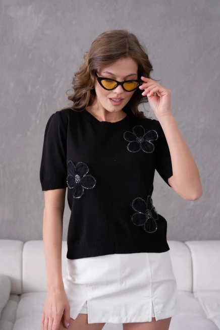 Aplikeli Kısa Kol Triko Kazak