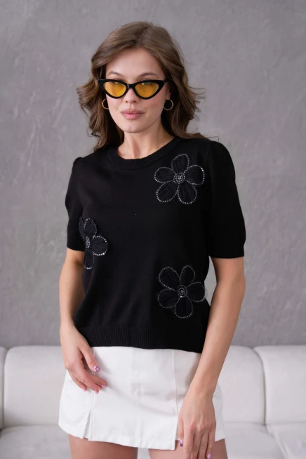 Aplikeli Kısa Kol Triko Kazak