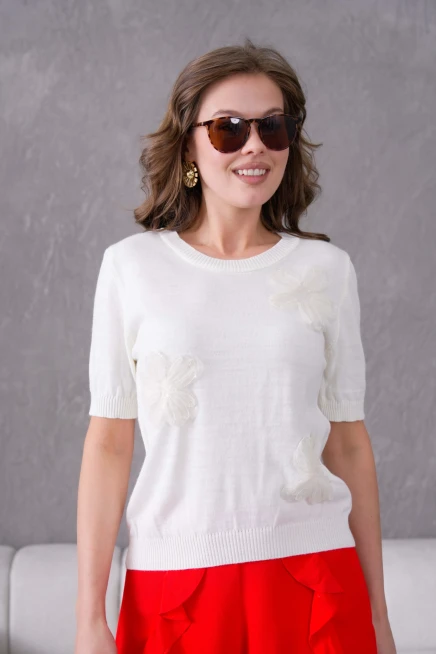 Aplikeli Kısa Kol Triko Kazak