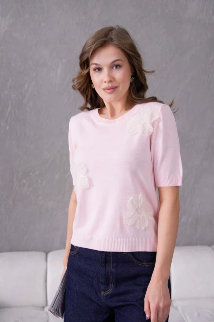 Aplikeli Kısa Kol Triko Kazak