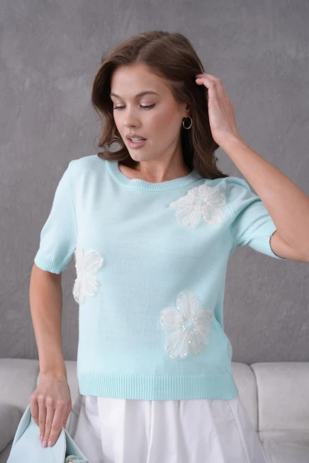 Aplikeli Kısa Kol Triko Kazak