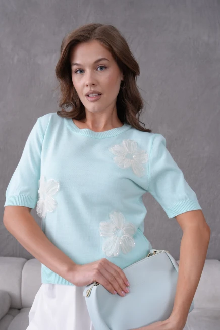 Aplikeli Kısa Kol Triko Kazak