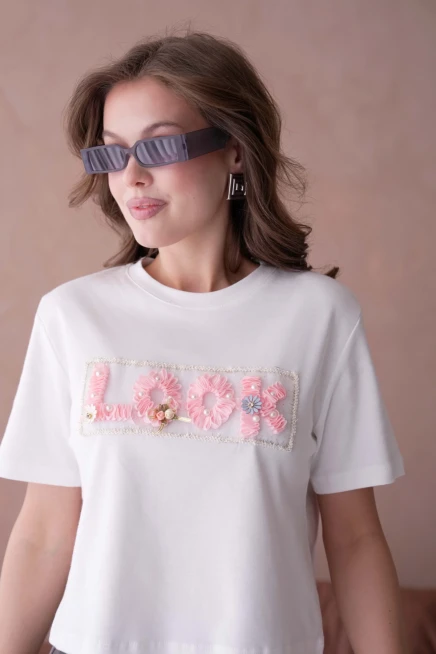 Look Yazı Aplikeli Basic T-Shirt