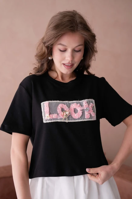 Look Yazı Aplikeli Basic T-Shirt