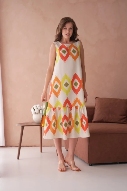 Otantik Desenli Volanlı Salaş Dokuma Elbise