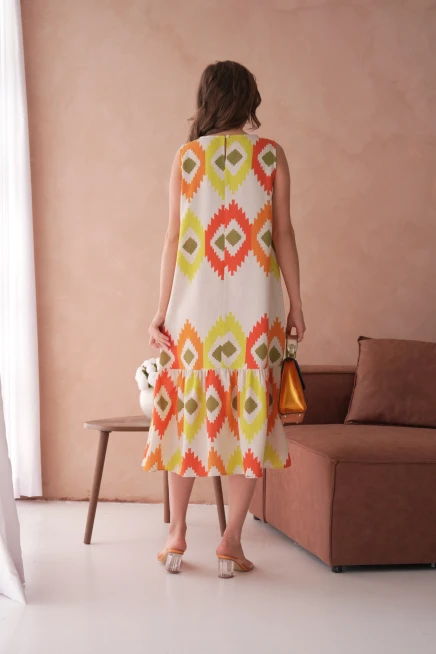 Otantik Desenli Volanlı Salaş Dokuma Elbise