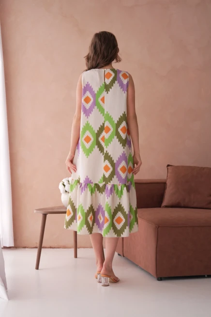 Otantik Desenli Volanlı Salaş Dokuma Elbise