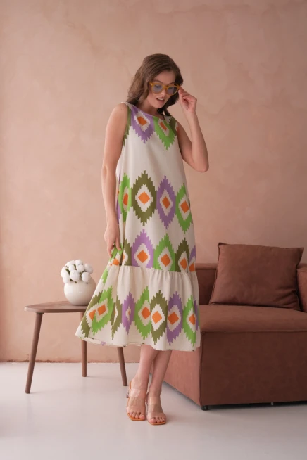 Otantik Desenli Volanlı Salaş Dokuma Elbise