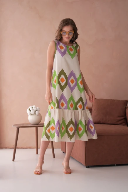 Otantik Desenli Volanlı Salaş Dokuma Elbise